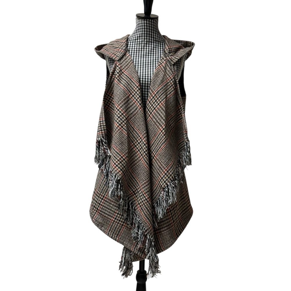Altar'd State Carlisle Plaid Hooded Western Cowgirl Country Vest with Fringe L